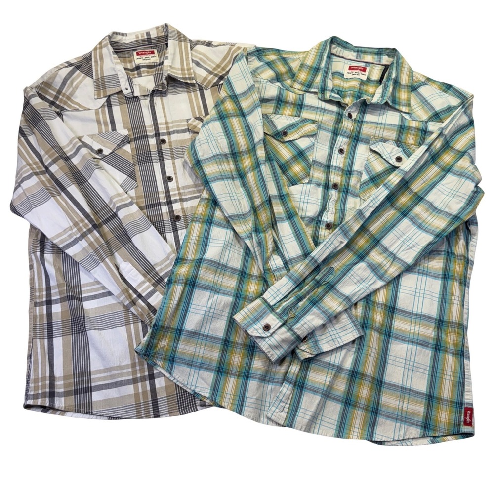 Wrangler Mens Plaid Western Shirts Lot of 2 Long Sleeve Cotton Blend LRG 1188C8